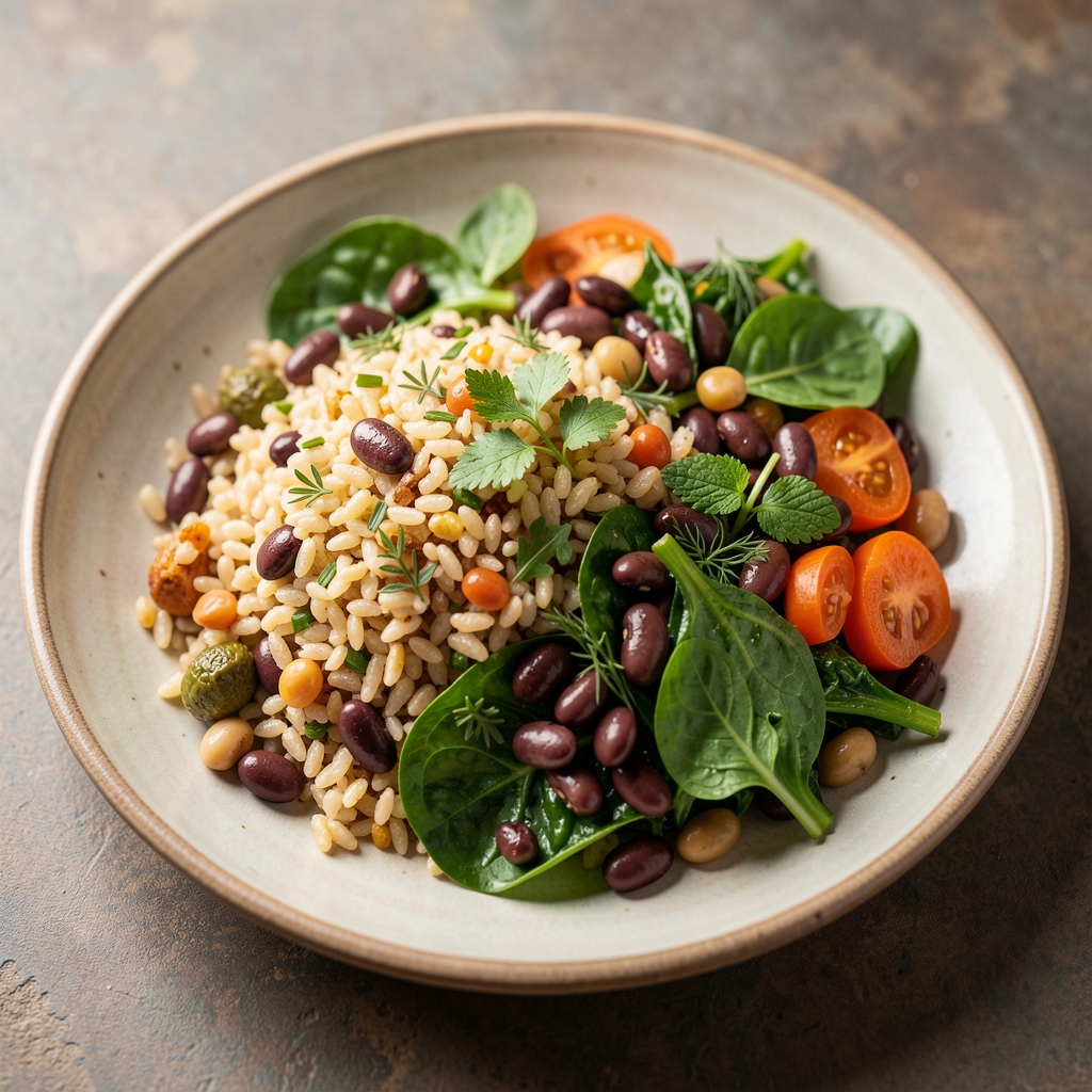 Colourful balanced meal with grains, leafy vegetables, beans and herbs arranged on a ceramic plate