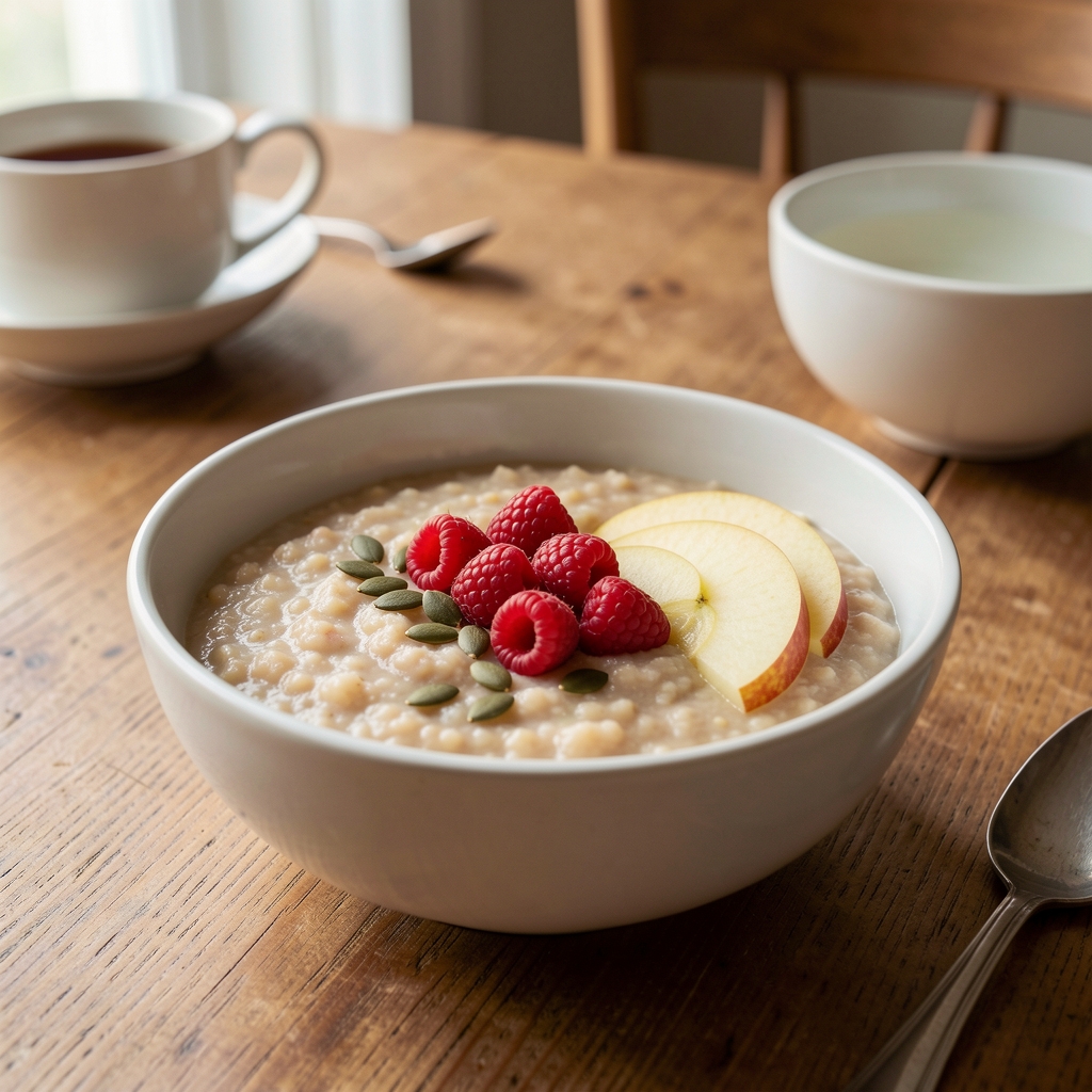 Bowl of porridge with raspberries, pumpkin seeds and sliced apple on a calm breakfast table