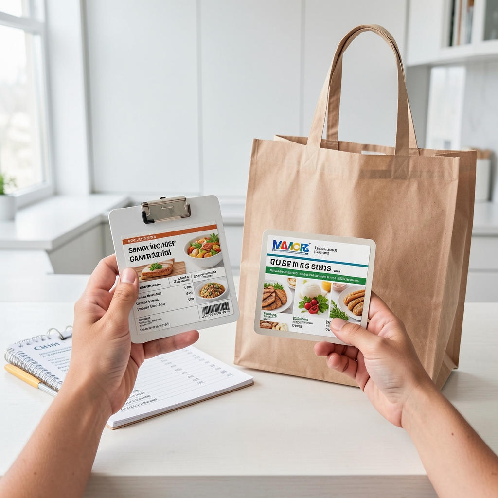 Hands comparing two clear food labels beside a shopping list and reusable grocery bag