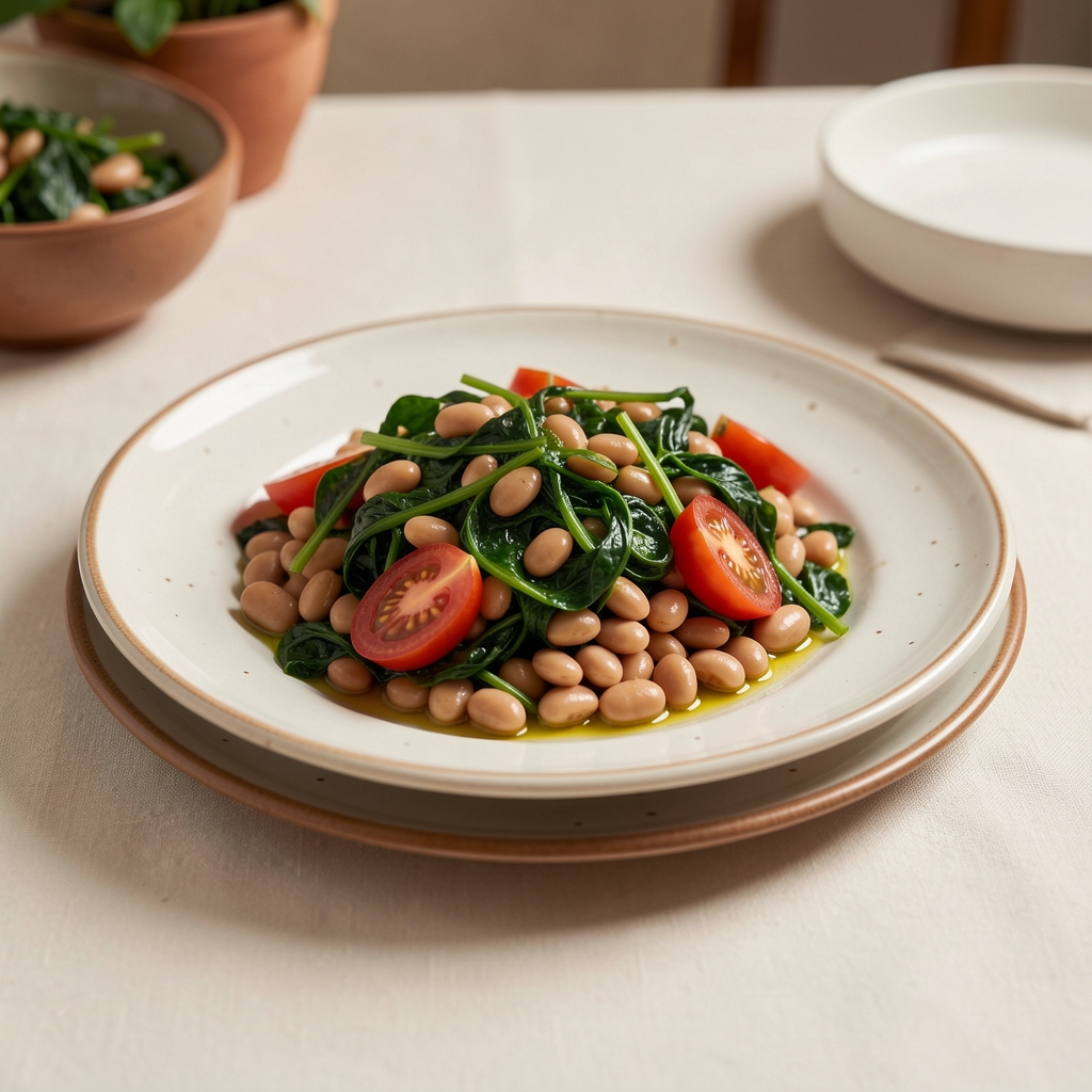 Mediterranean-style plate with beans, greens, tomatoes and olive oil on a pale table