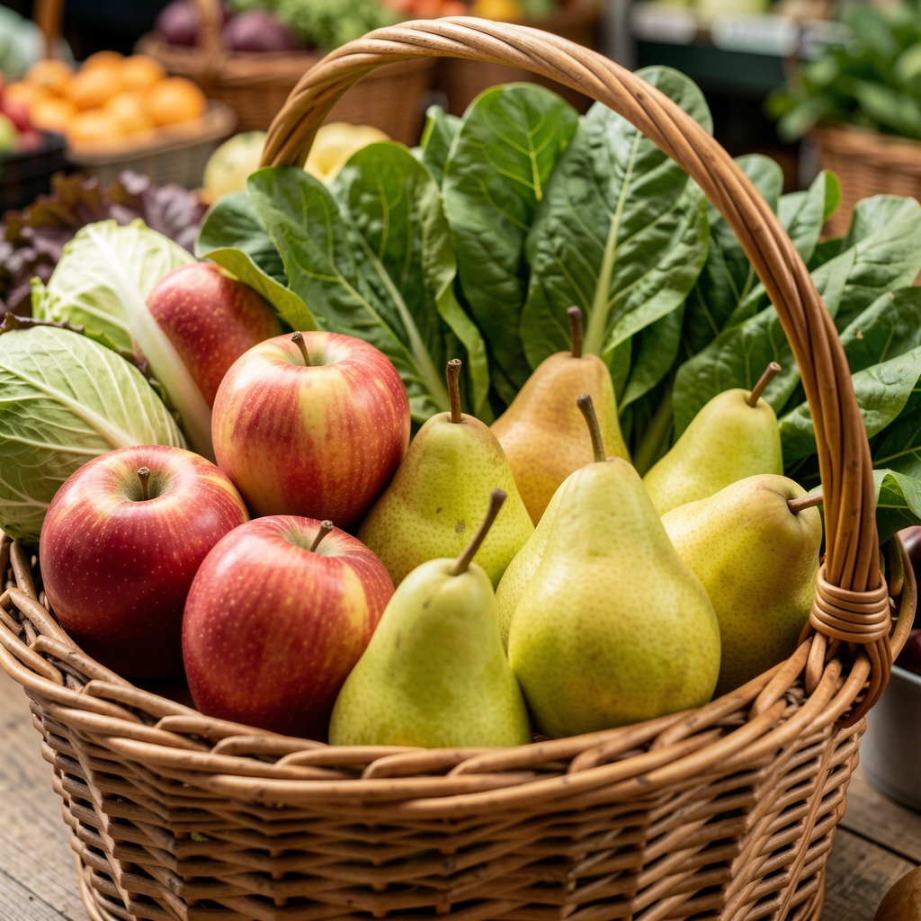Fresh apples, pears and leafy greens arranged in a woven market basket