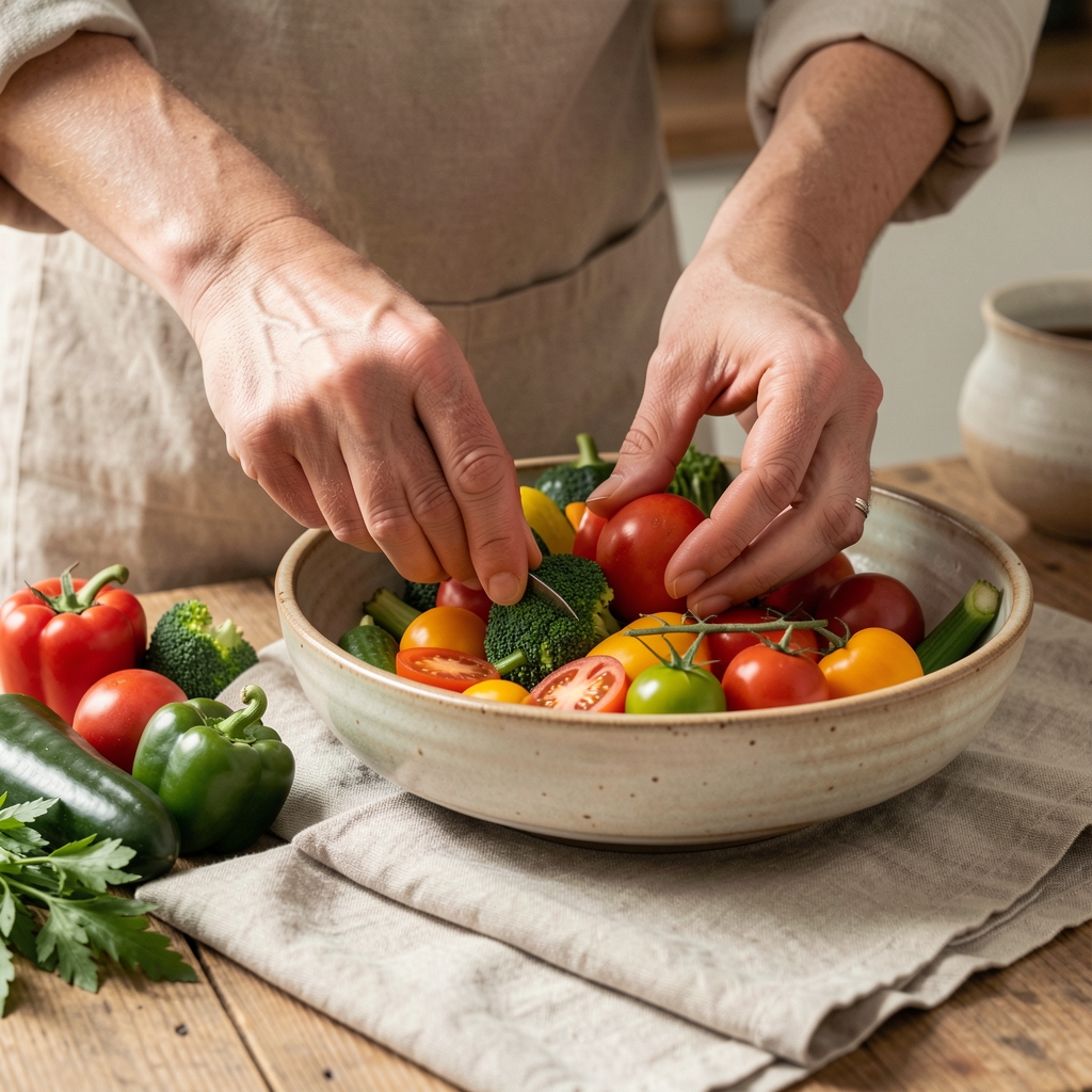 Hands preparing colourful vegetables beside a ceramic bowl and linen napkin