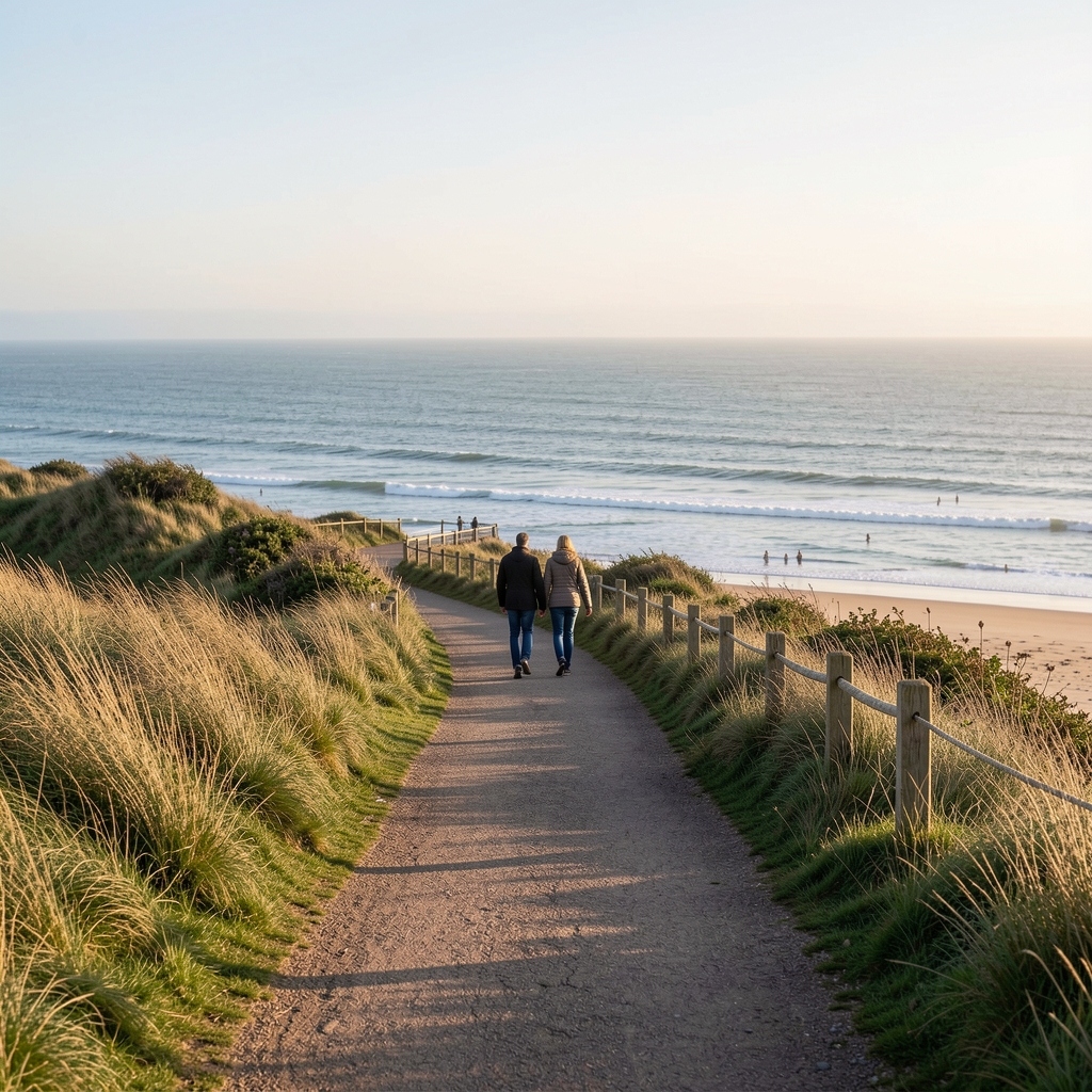 Quiet coastal walk near Brighton with grass, sea and soft morning light
