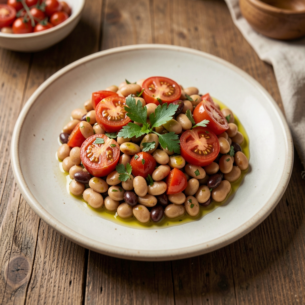 Mediterranean-inspired plate of beans, tomatoes, herbs and olive oil on a pale ceramic dish