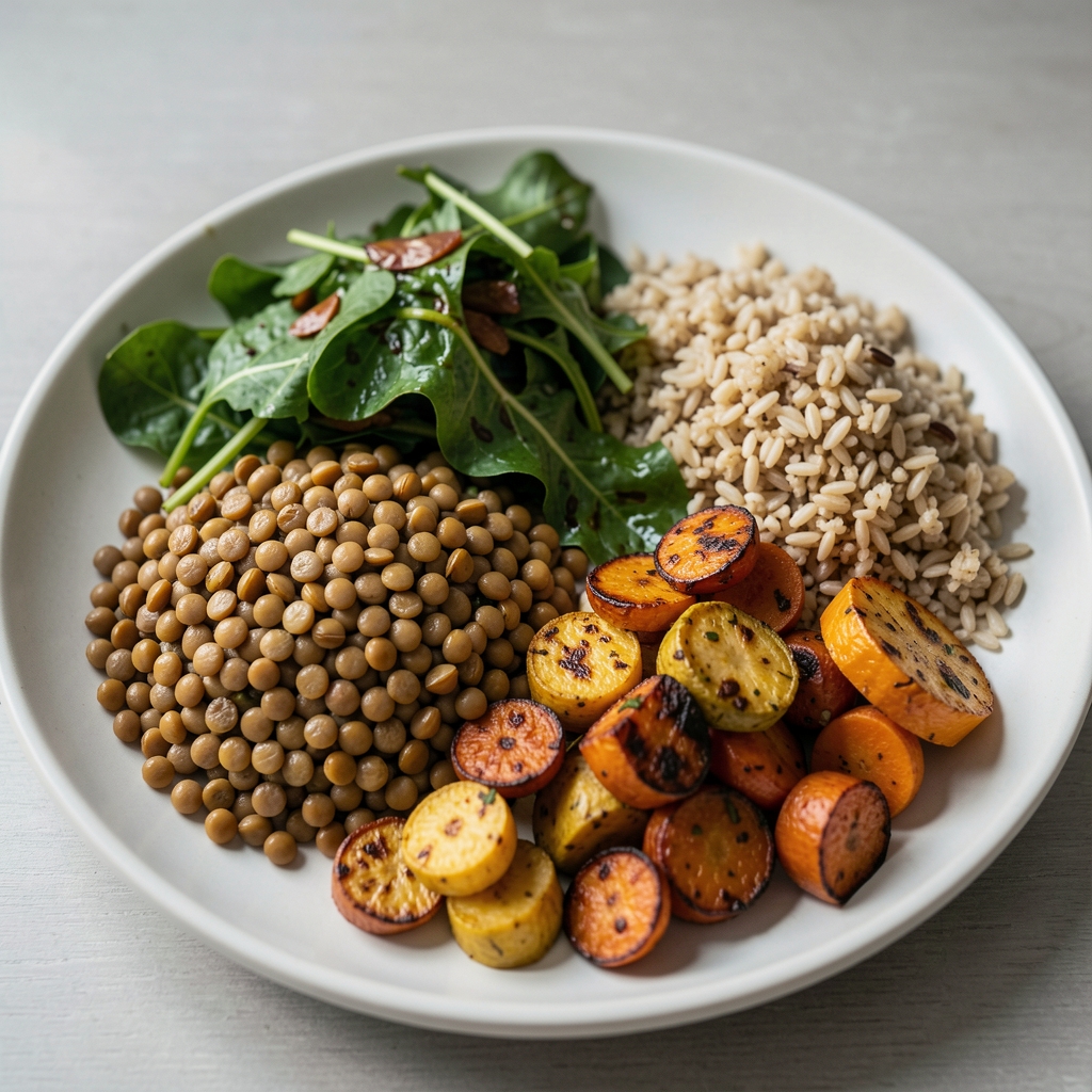 Balanced lunch plate with lentils, leafy greens, roasted vegetables and whole grains